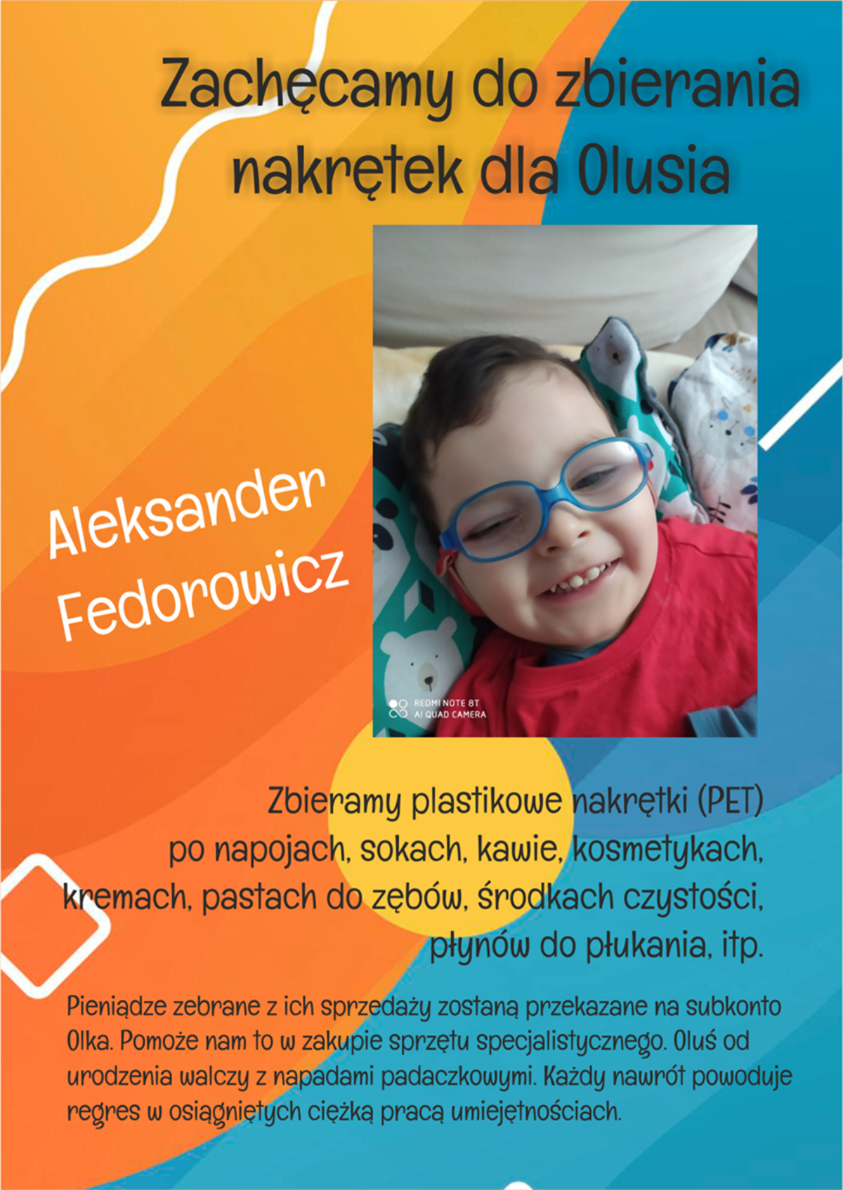 Grafika z informacją o akcji zbierania nakrętek dla Olusia z Mieszkowa wraz ze zdjęciem małego chłopca - Olka.