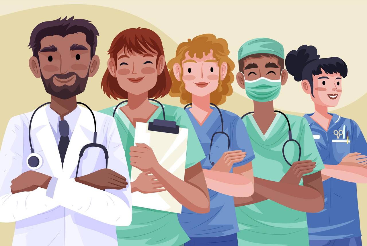 Zdjęcie przedstawia ilustrację lekarzy i pielęgniarek