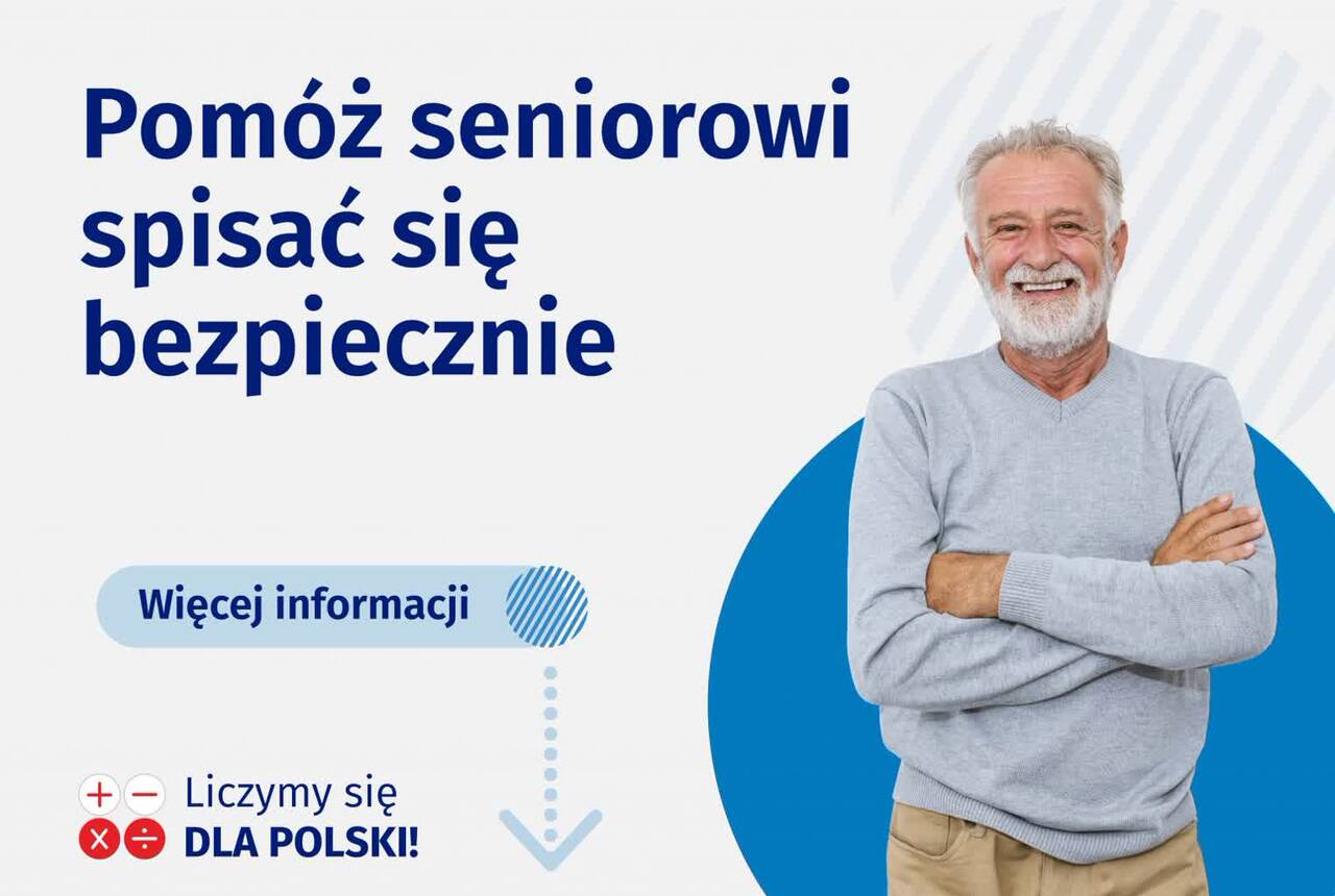 Plakat-pomóż seniorowi spisać się bezpiecznie