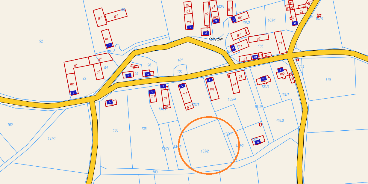Mapka usytuowania działki w miejscowości Korytów. Zaznaczona działka nr 133/2.