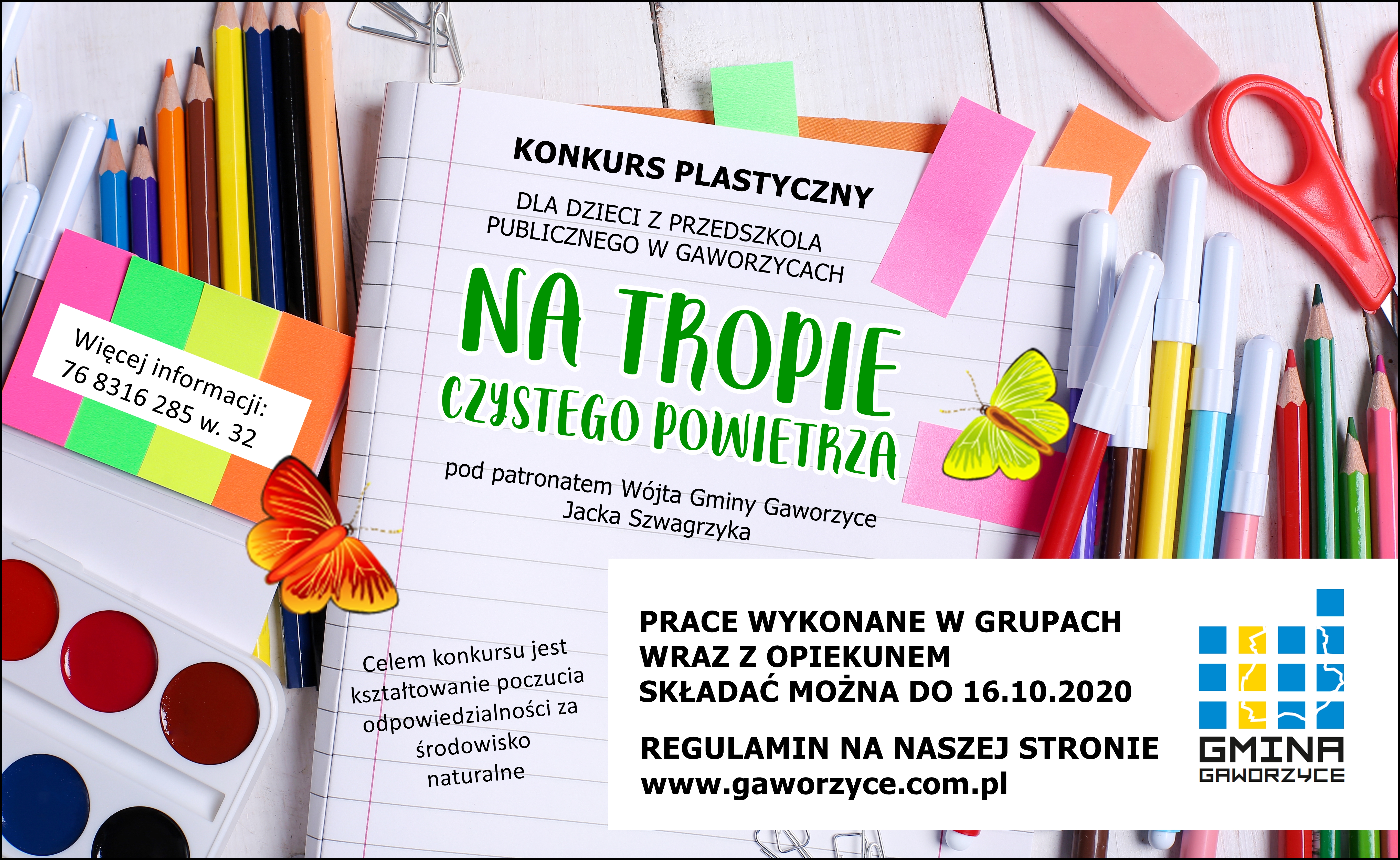 Plakat przedstawiający konkurs dla Przedszkolaków. Kolorowy z akcesoriami plastycznymi. Wszystkie informacje dostępne są w regulaminie pod obrazkiem.