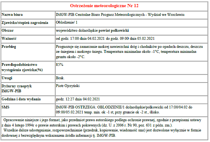 Ostrzeżenie dot. zamarzania mokrej nawierzchni.