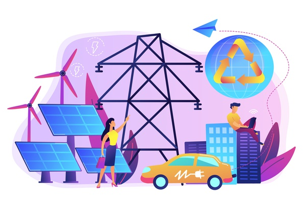 Grafika obrazująca formy odnawialnych źródeł energii.