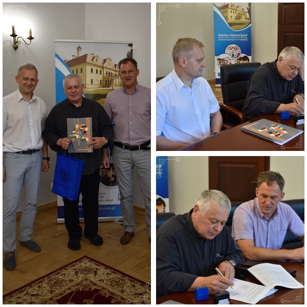 Mix zdjęć z podpisania umowy. Na zdjęciach: Starosta Powiatu - Kamil Ciupak, ksiądz Ryszard Dudek oraz Wójt Gminy Gaworzyce - Jacek Szwagrzyk. Zdjęcia wykonano w gabinecie Wójta Gminy Gaworzyce.