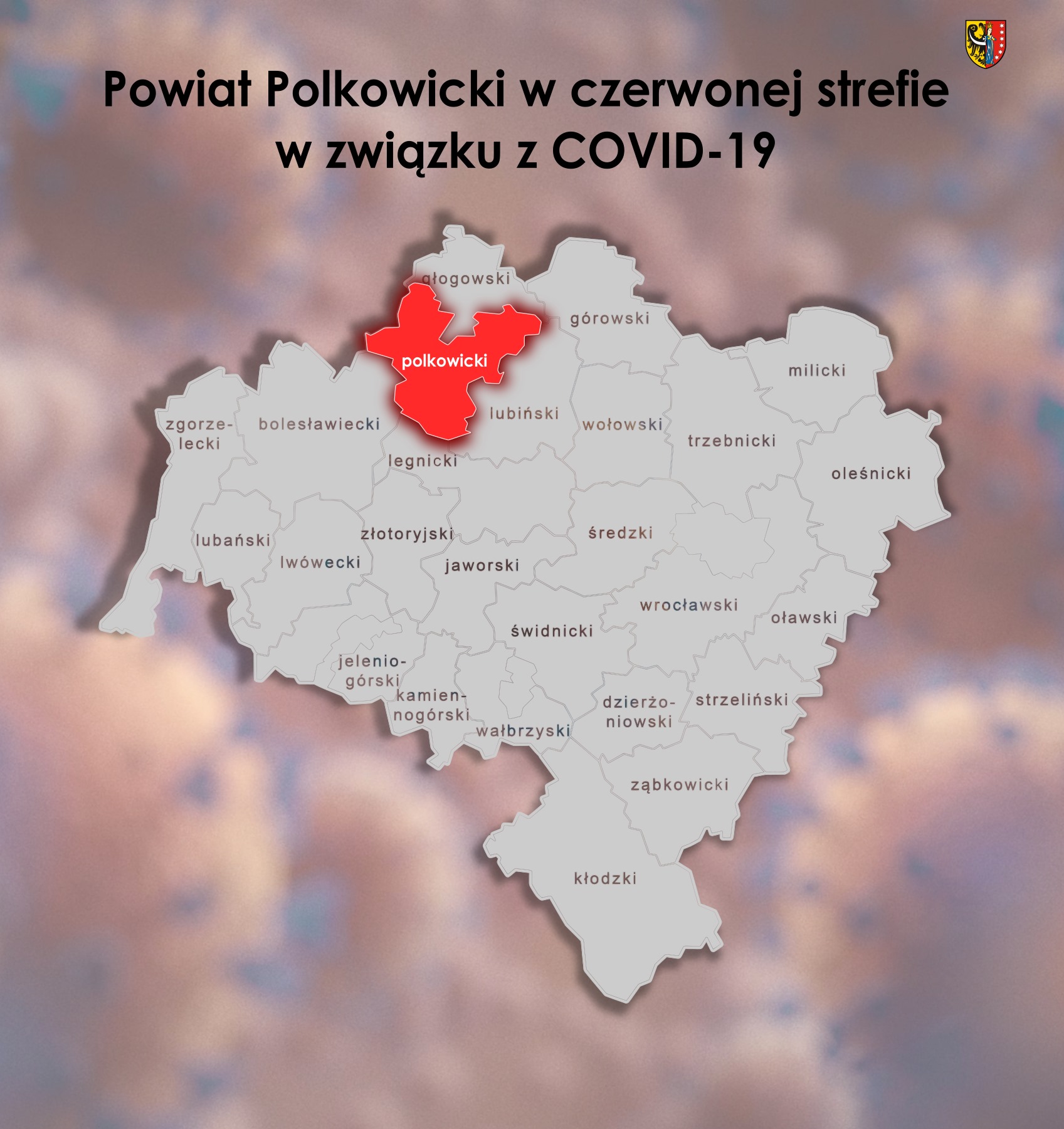 Mapa Dolnego Śląska z zaznaczonym na czerwono Powiatem Polkowickim.