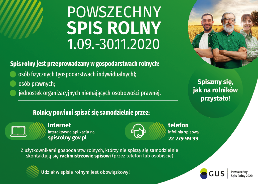 Plakat informujący o Spisie Rolnym otrzymany od Głównego Urzędu Statystycznego.