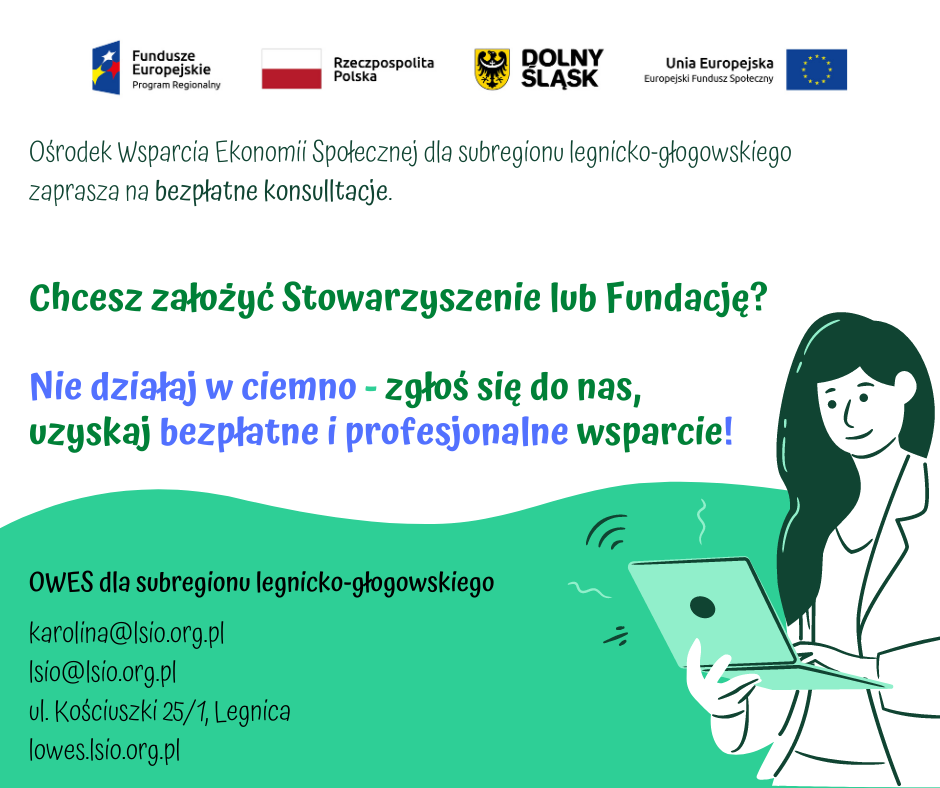 Informacja przedstawiona w formie plakatu z logotypami funduszy europejskich. Dodatkowo na grafice kobieta na zielonym tle wypełniająca formularz.